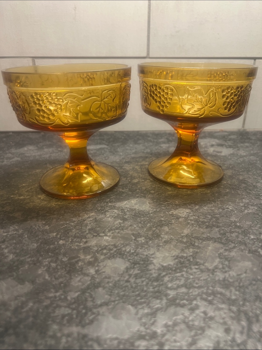 Vintage Indiana Glass Amber Grapevine Pattern Glass Dessert Compotes - Pair